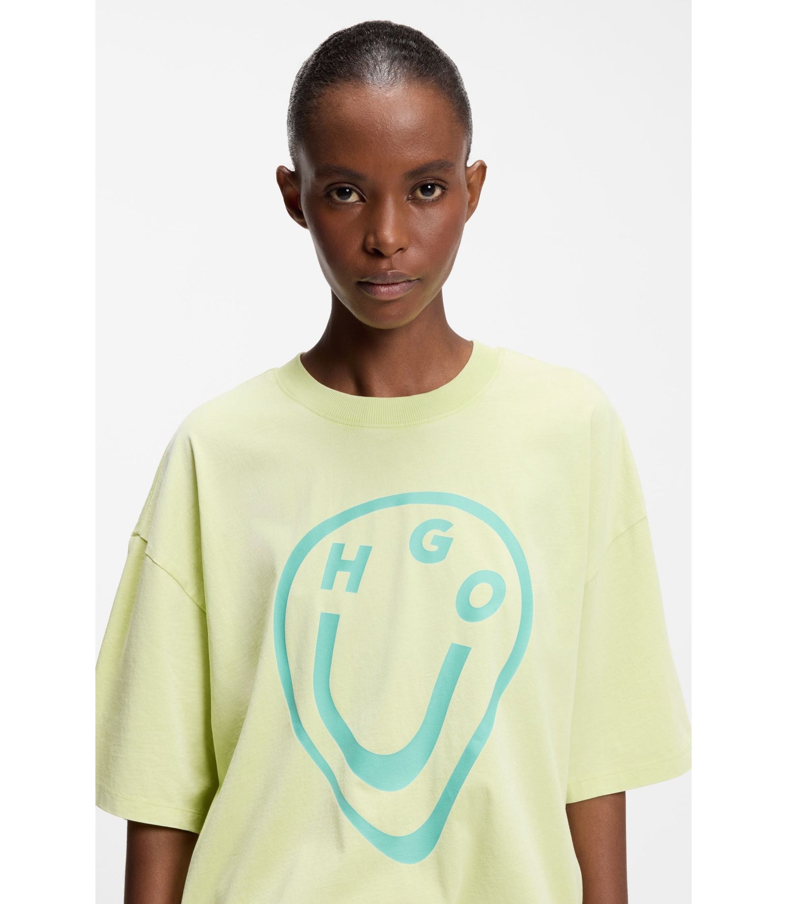 Hugo Cotton Jersey T Shirt With Melted Effect Happy Hugo Print Green Women's