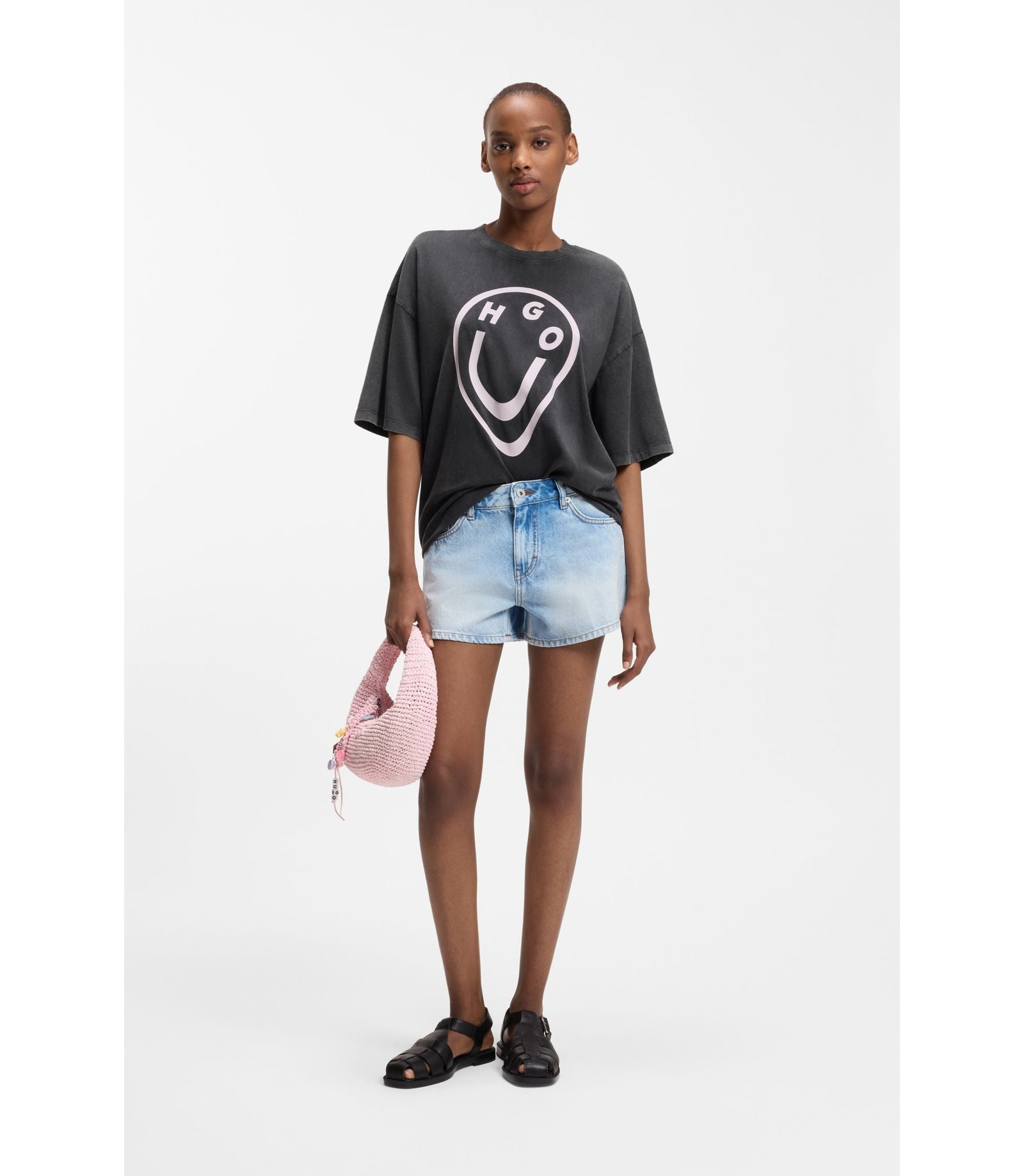 Hugo Cotton Jersey T Shirt With Melted Effect Happy Hugo Print Black Women's