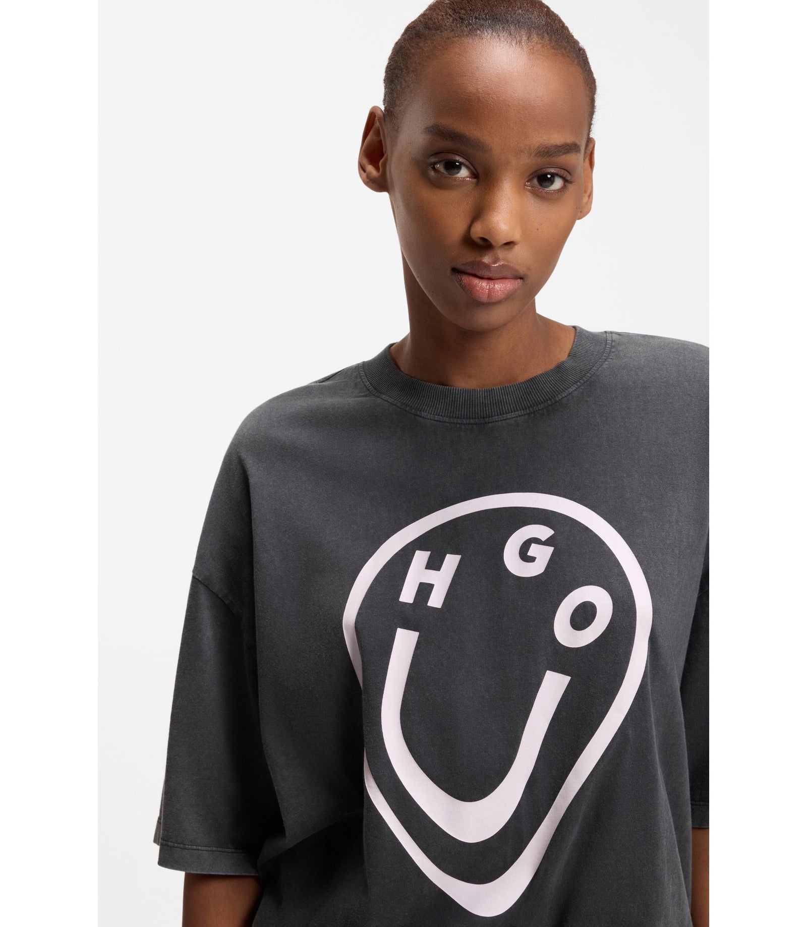 Hugo Cotton Jersey T Shirt With Melted Effect Happy Hugo Print Black Women's