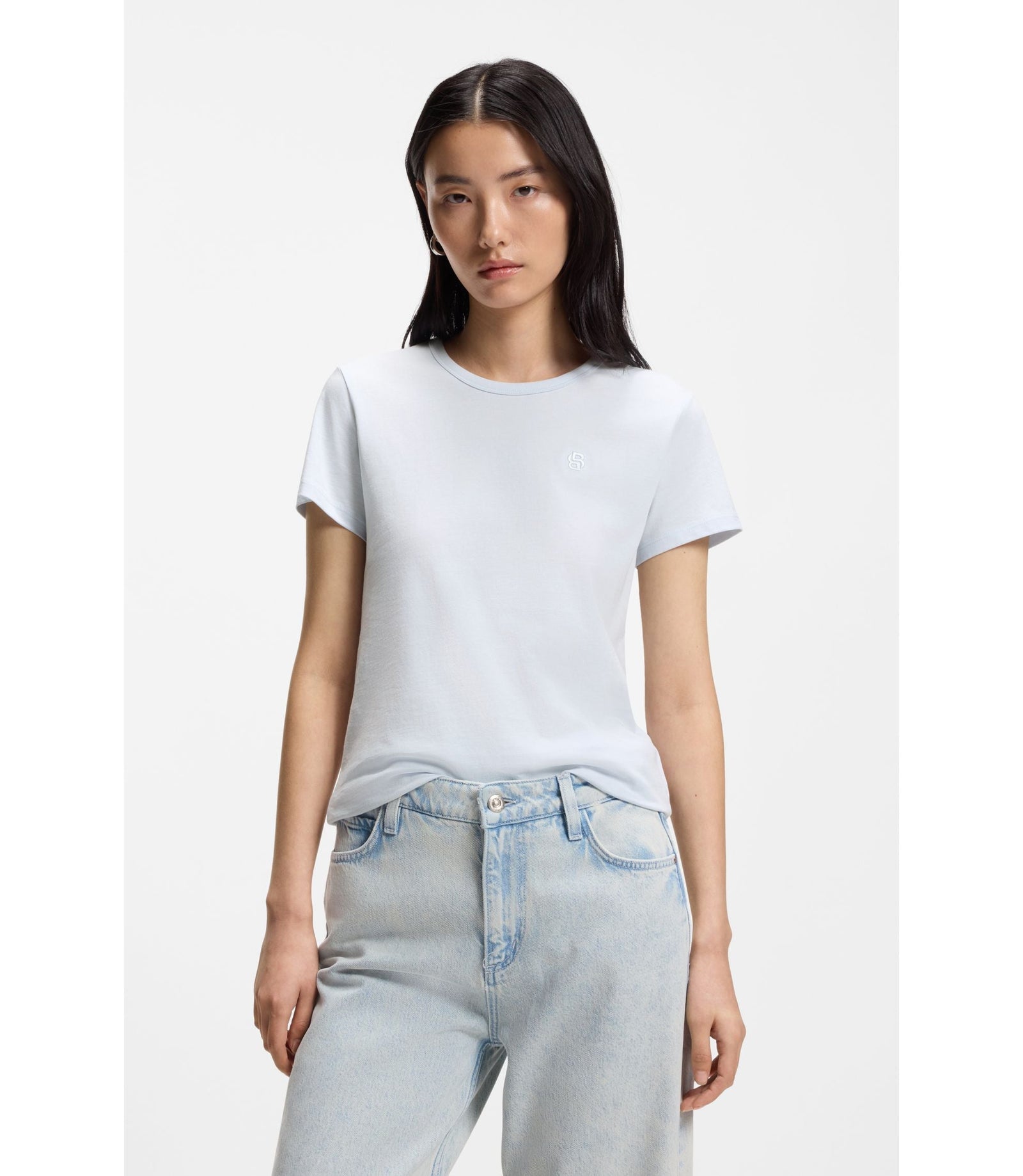 Boss Cotton Jersey Slim Fit T Shirt With Double B Monogram Light Blue Women's