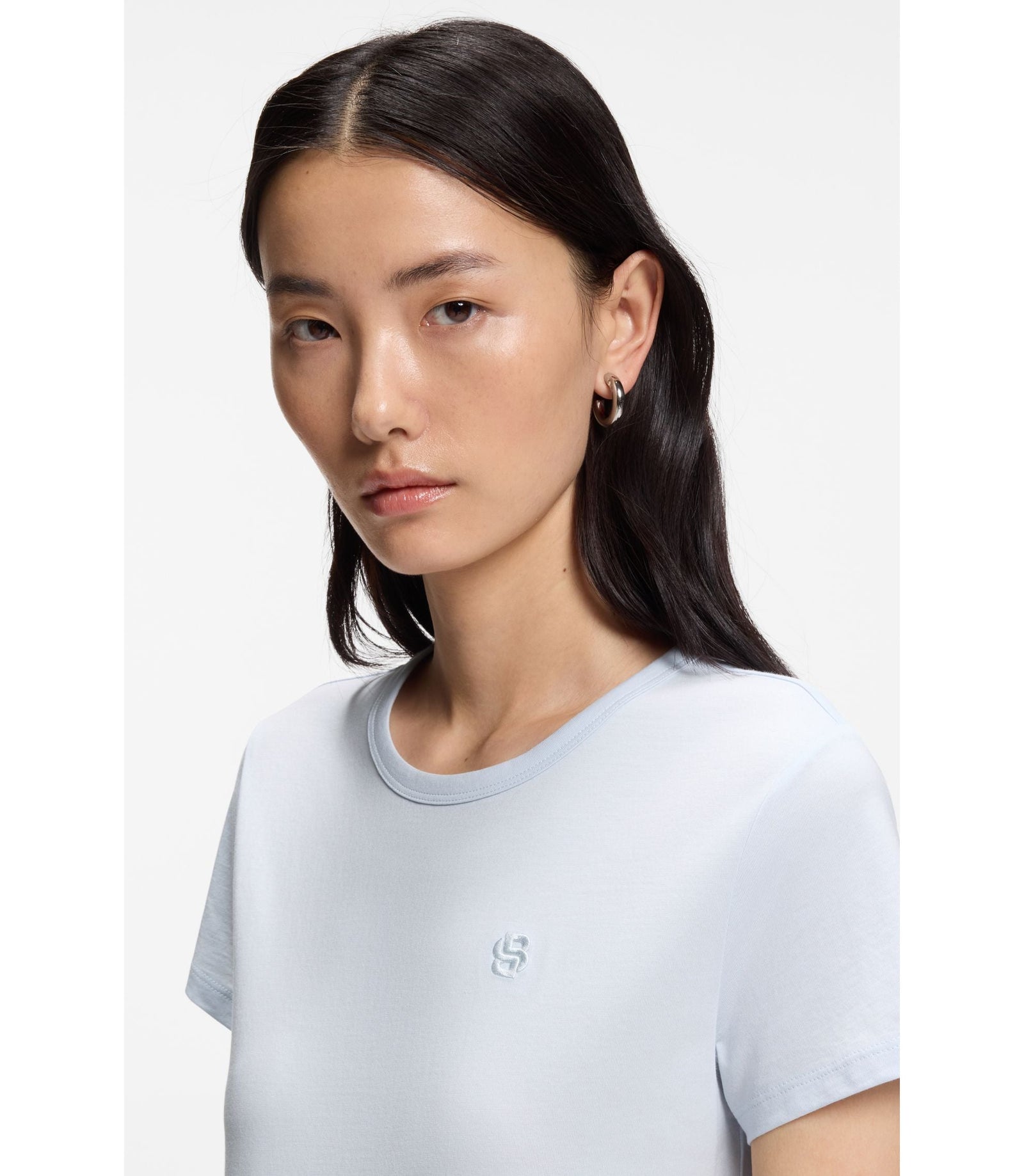 Boss Cotton Jersey Slim Fit T Shirt With Double B Monogram Light Blue Women's