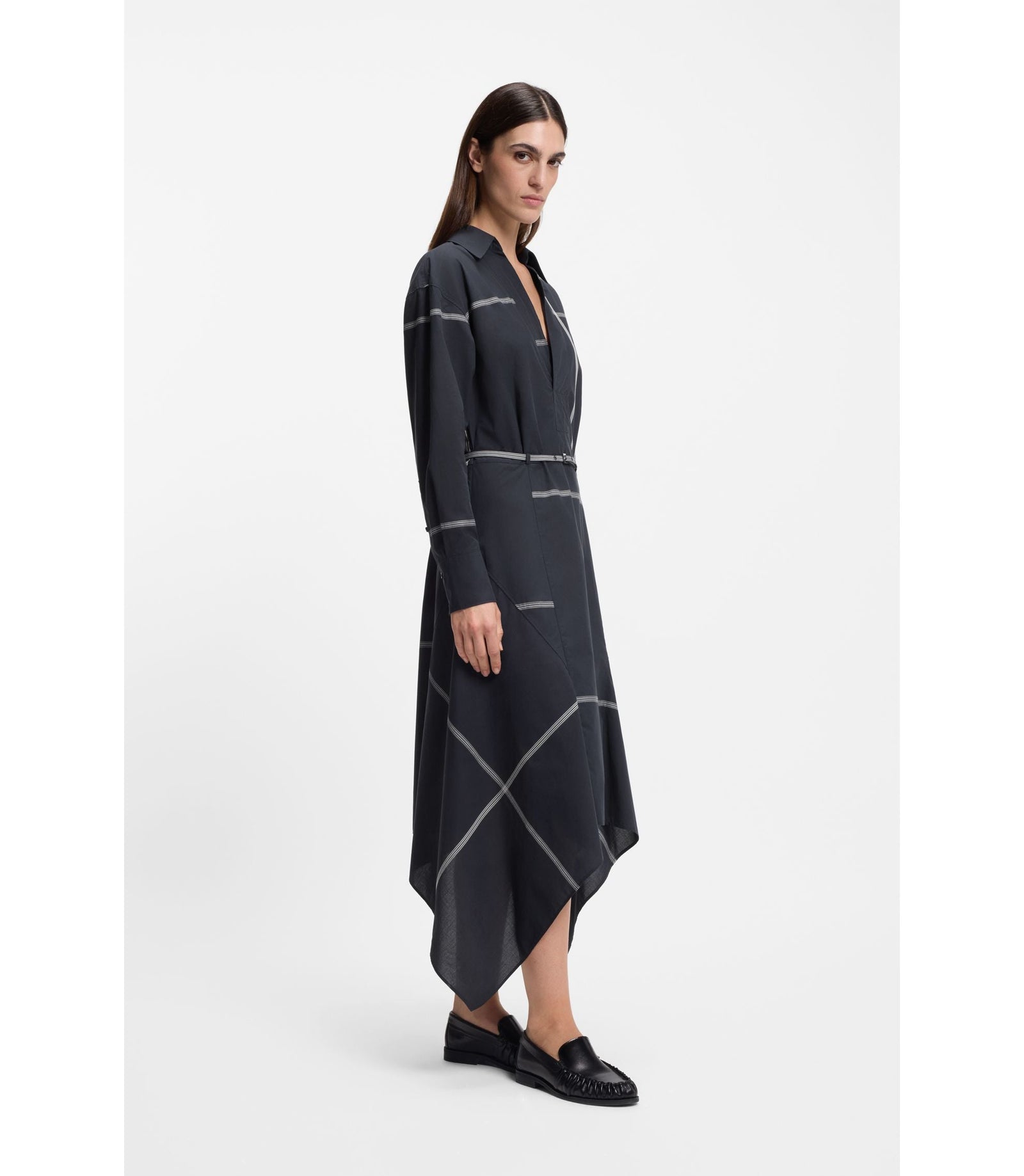Boss Checked Shirt Dress In Cotton Canvas Dark Blue Women's