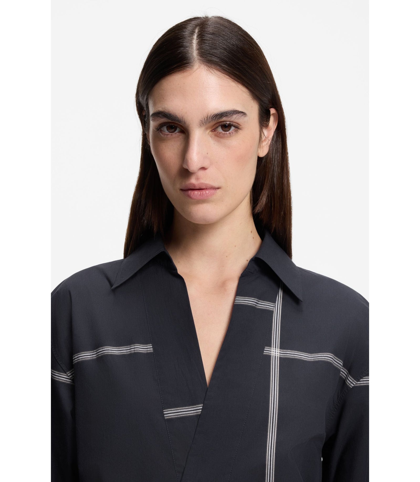 Boss Checked Shirt Dress In Cotton Canvas Dark Blue Women's