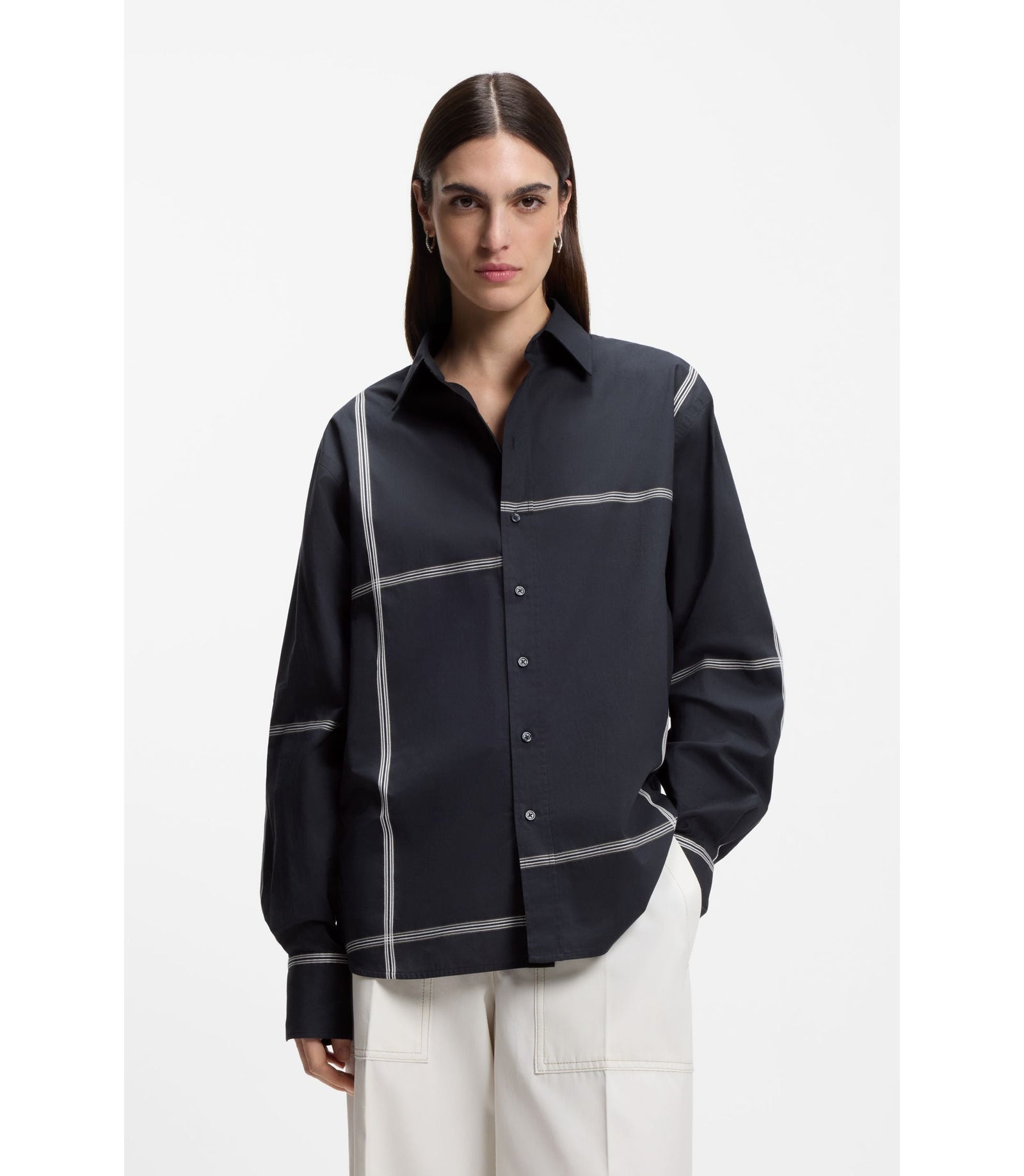 Boss Checked Relaxed Fit Blouse In Cotton Canvas Dark Blue Women's