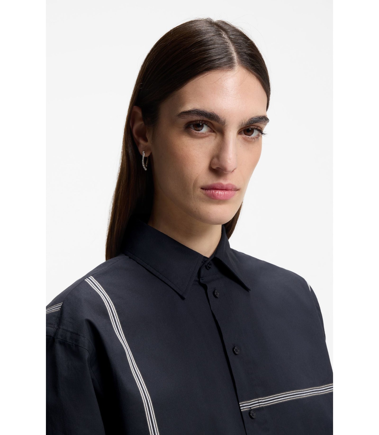Boss Checked Relaxed Fit Blouse In Cotton Canvas Dark Blue Women's