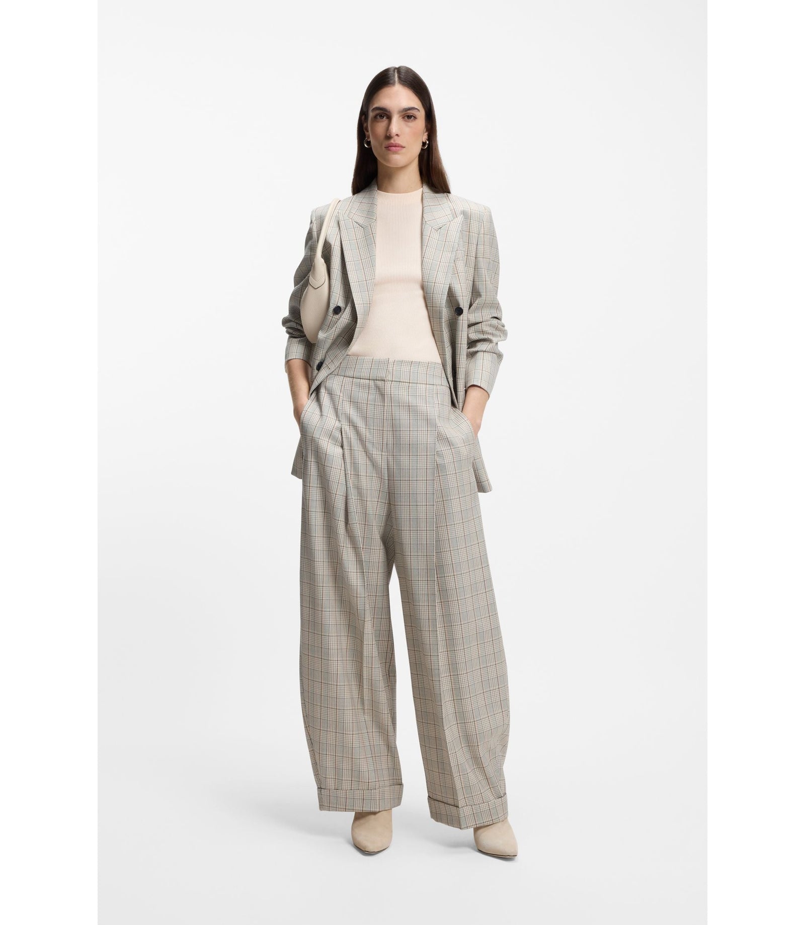 Boss Checked Oversized Fit Trousers In Stretch Wool Patterned Women's