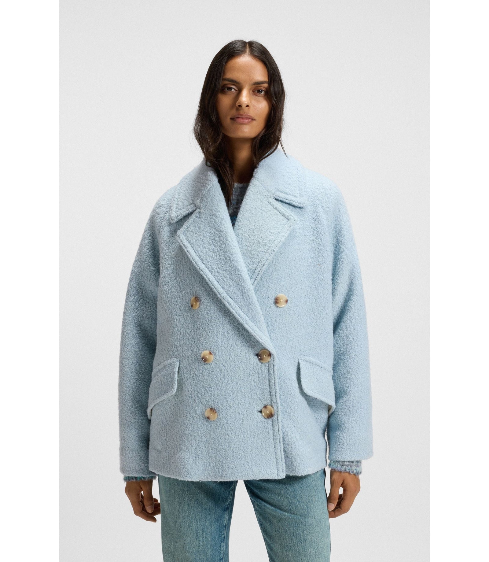 Boss Caban Coat With Boxy Fit Light Blue Women's