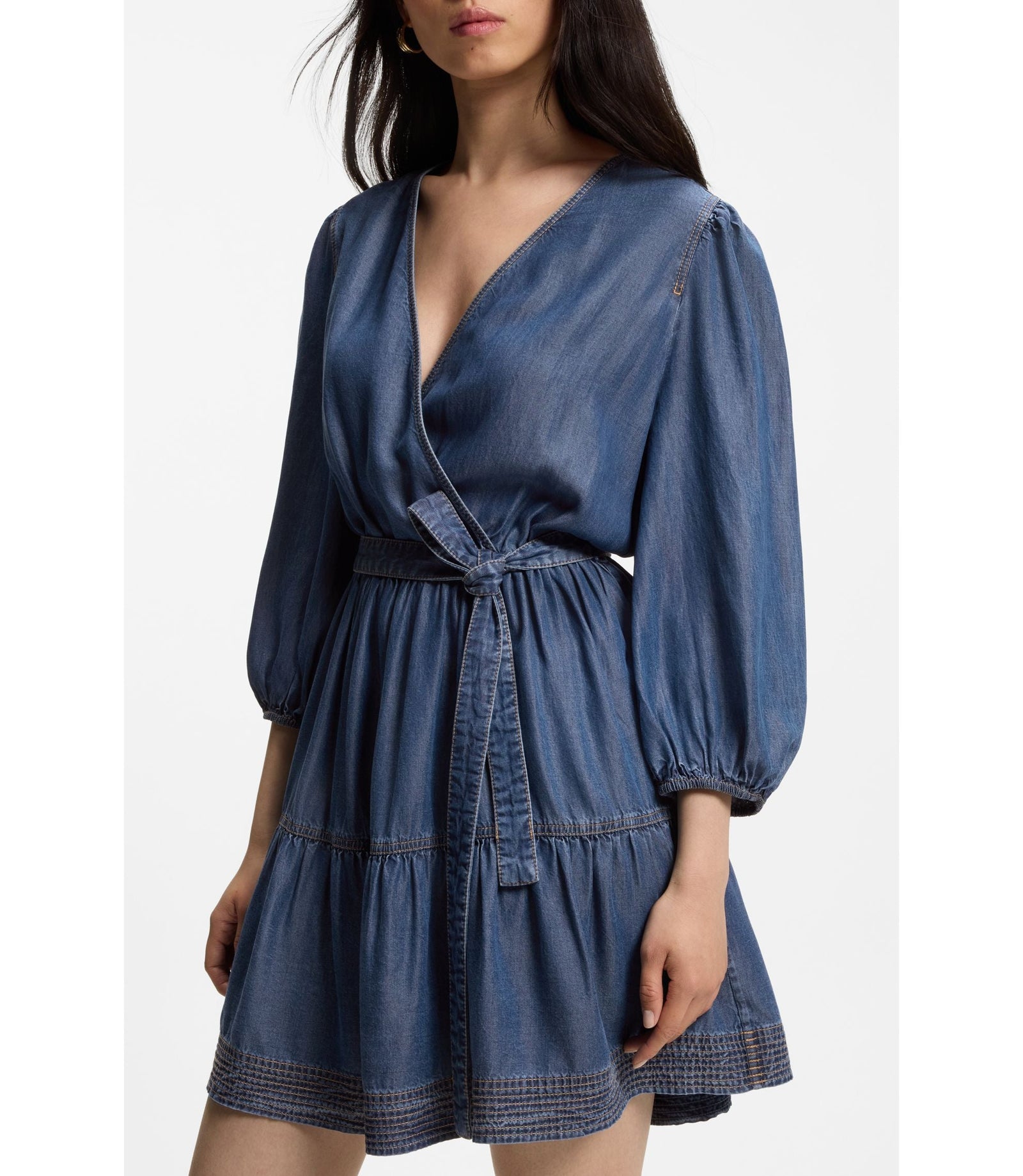 Boss Balloon Sleeve Dress With Wrap Front Blue Women's