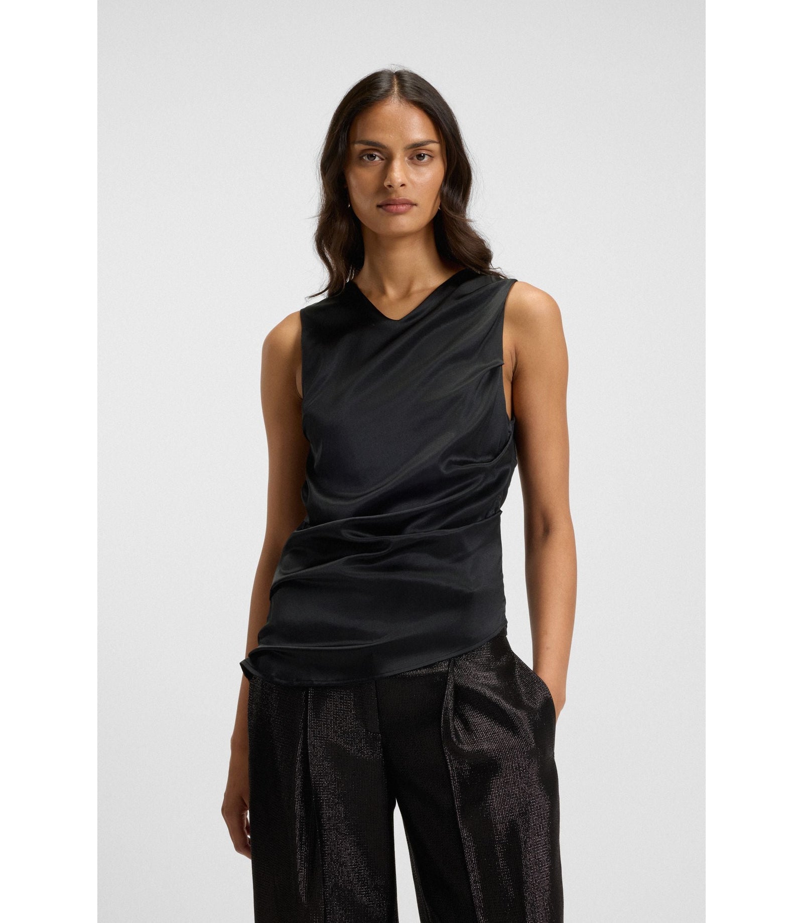 Boss Asymmetric Hem Top With Stretch Silk Front Black Women's