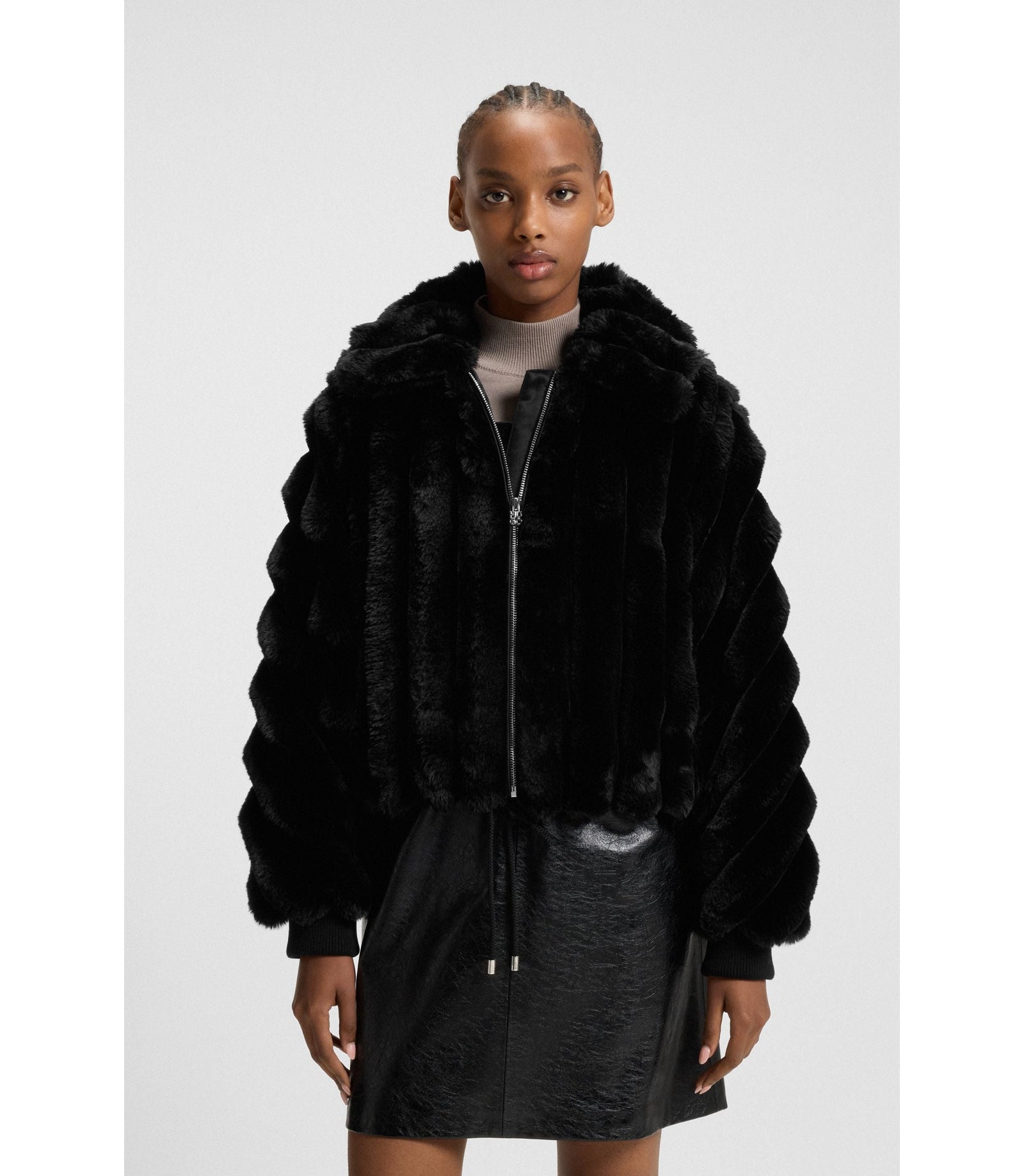 Hugo Adjustable Hem Jacket In Faux Fur Black Women's
