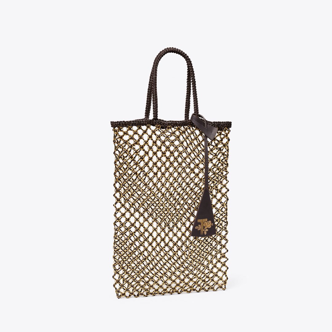 Tory Burch Small Handwoven Chain Mesh Tote Dark Brown / GOLD