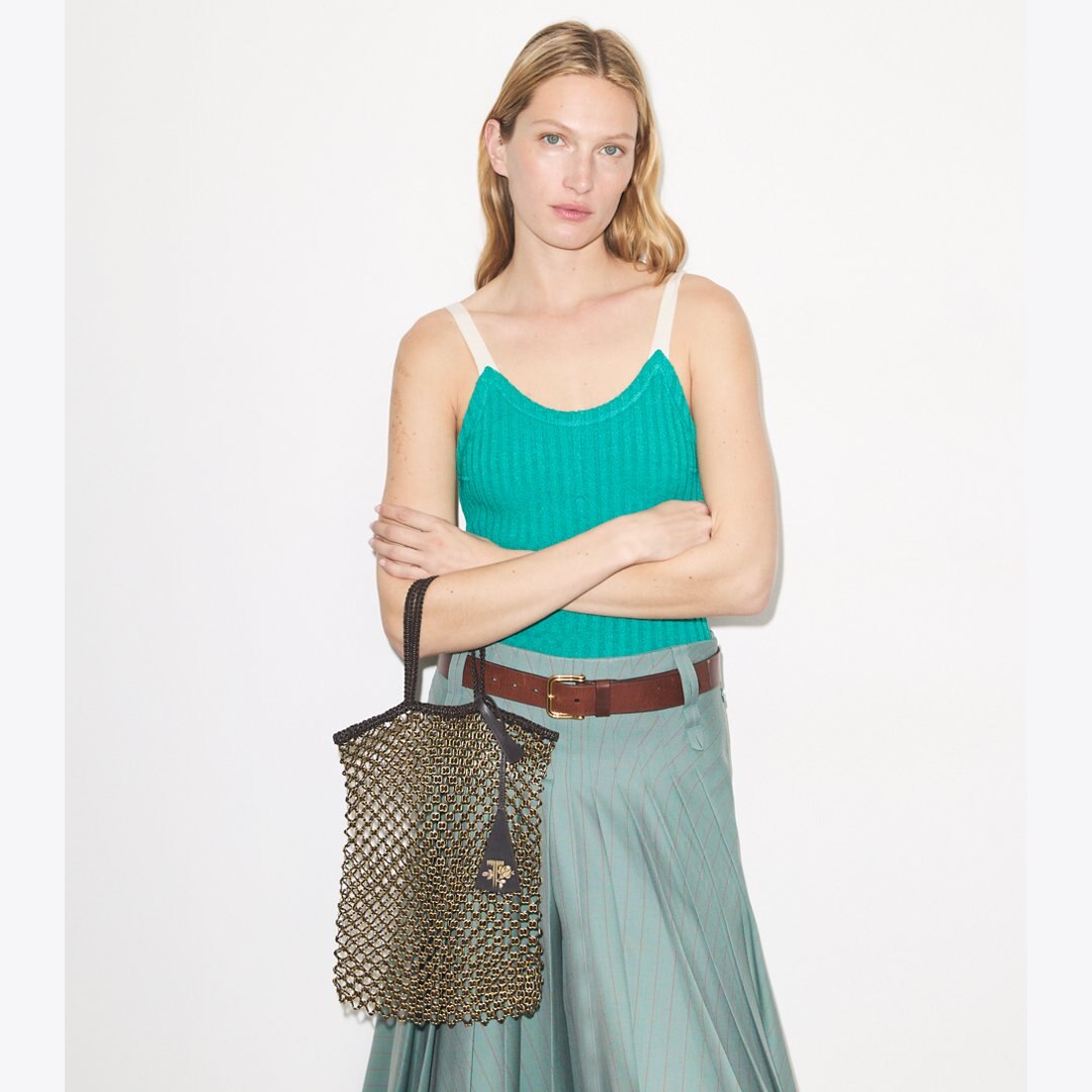 Tory Burch Small Handwoven Chain Mesh Tote Dark Brown / GOLD