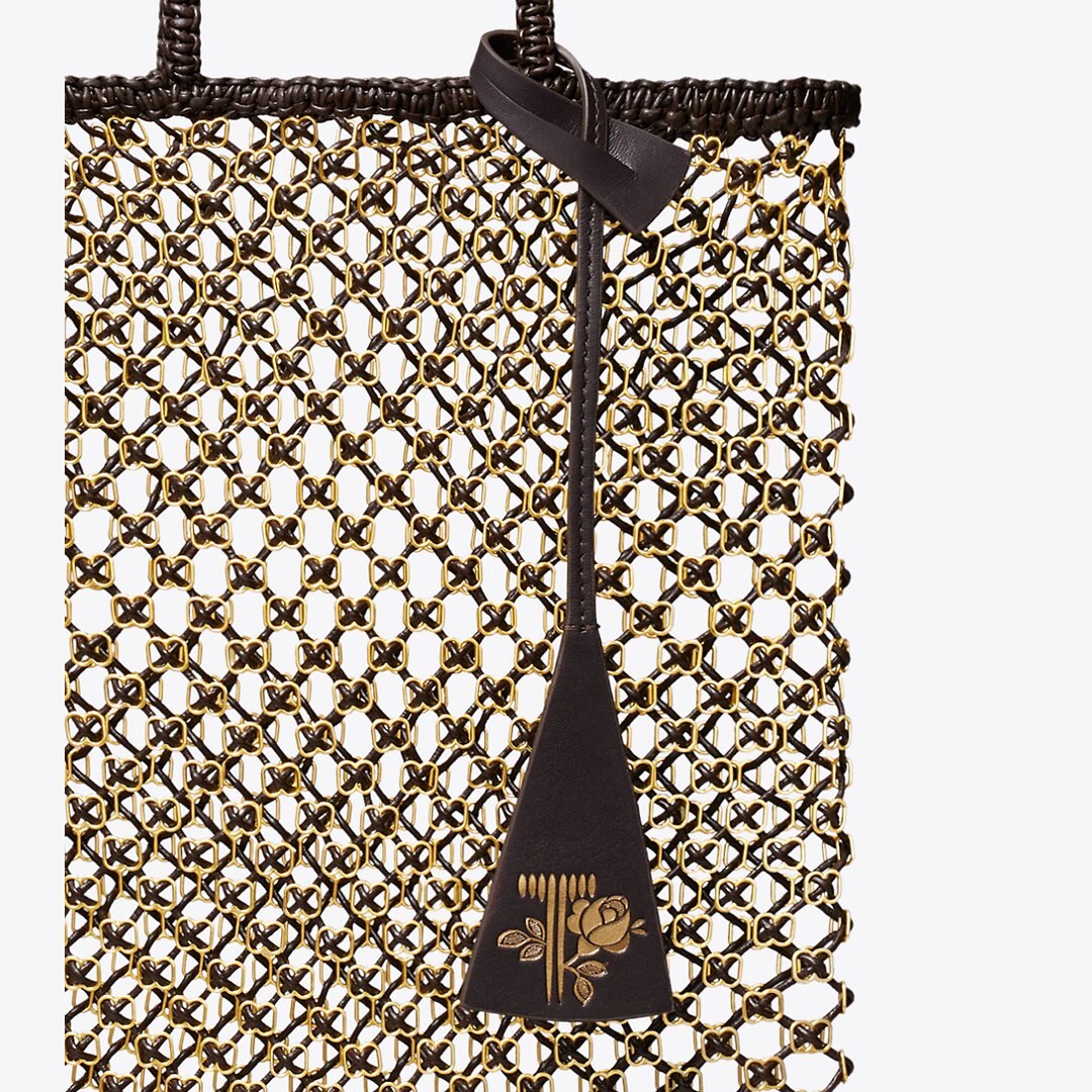 Tory Burch Small Handwoven Chain Mesh Tote Dark Brown / GOLD