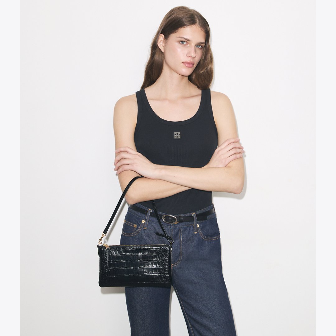 Tory Burch Croc-Embossed Pochette Black
