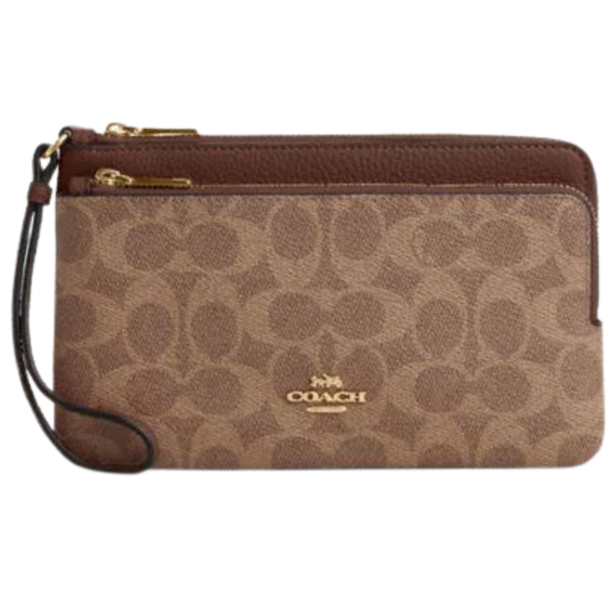Coach Double Zip Wallet In Signature Canvas Gold Tan Brown