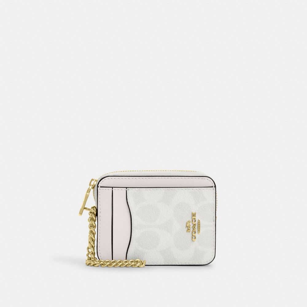 Coach Zip Card Case In Signature Canvas Gold White Chalk