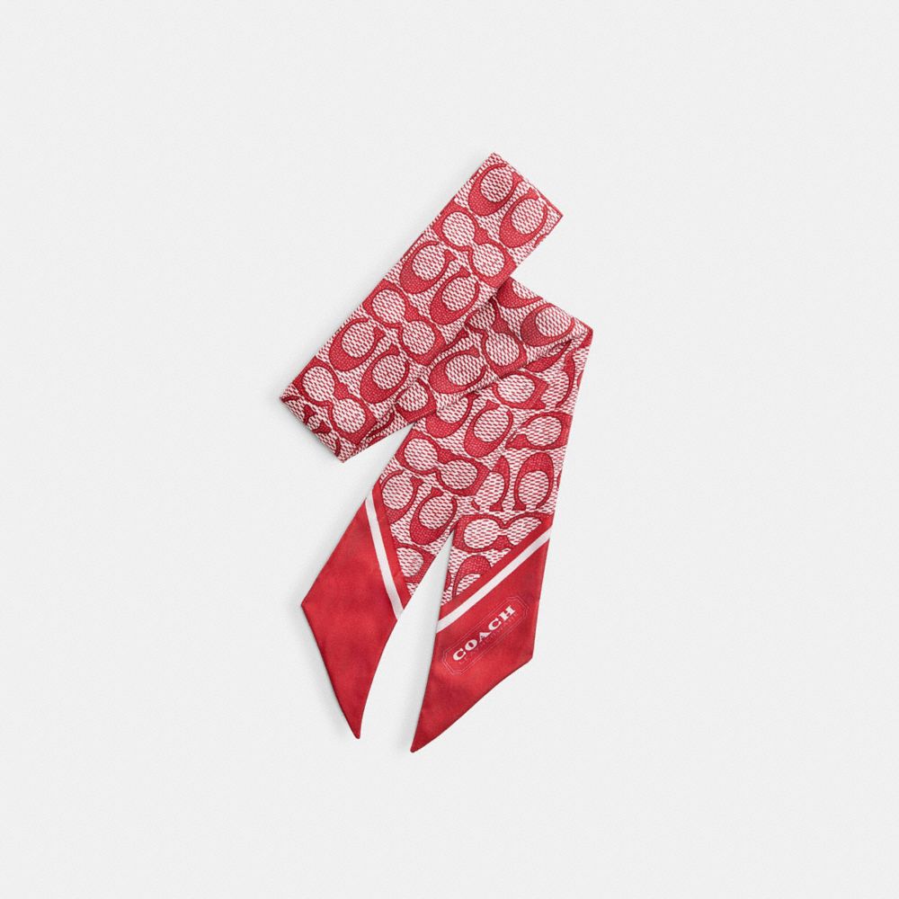 Coach Textured Signature Print Silk Skinny Scarf True Red