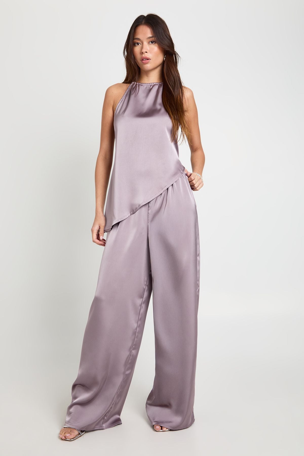 Halterneck Asymmetric Satin Cami & Trouser Co-ord
