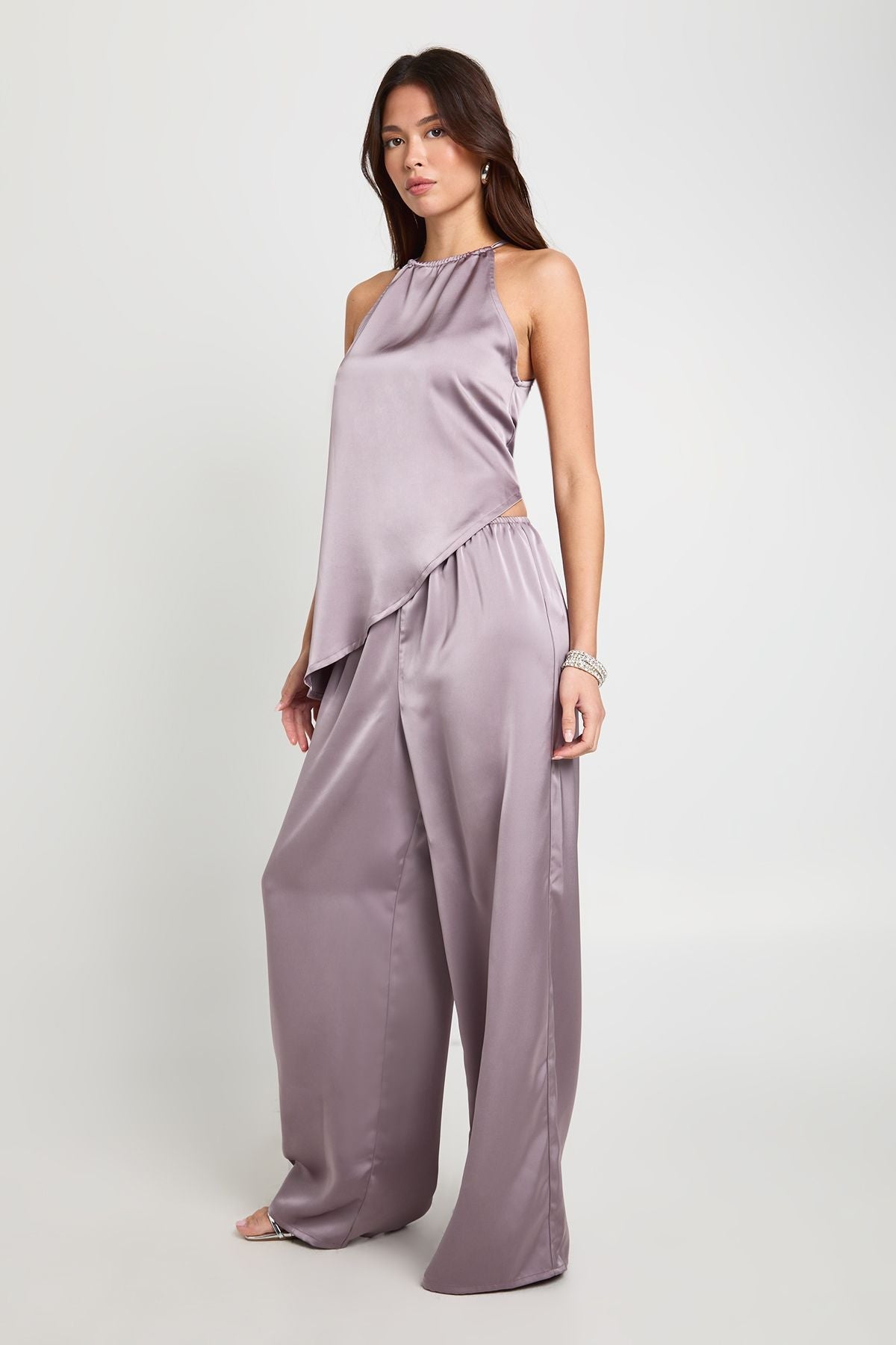 Halterneck Asymmetric Satin Cami & Trouser Co-ord