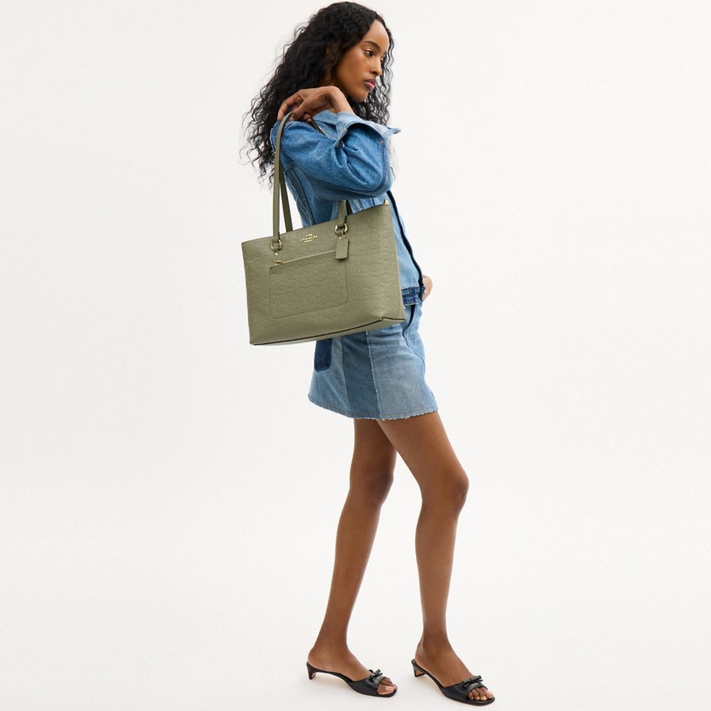 Coach Station Tote Bag In Signature Leather Gold Pistachio