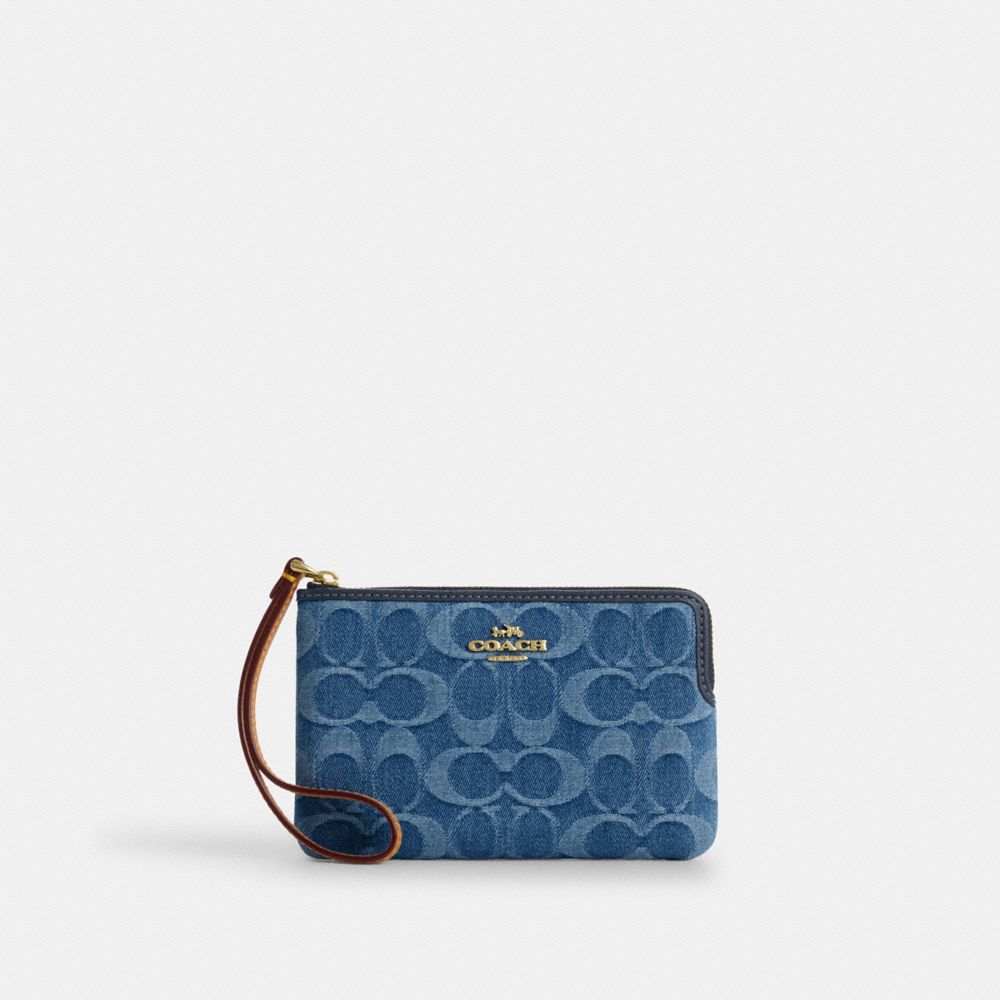 Coach Corner Zip Wristlet In Signature Denim Gold Indigo