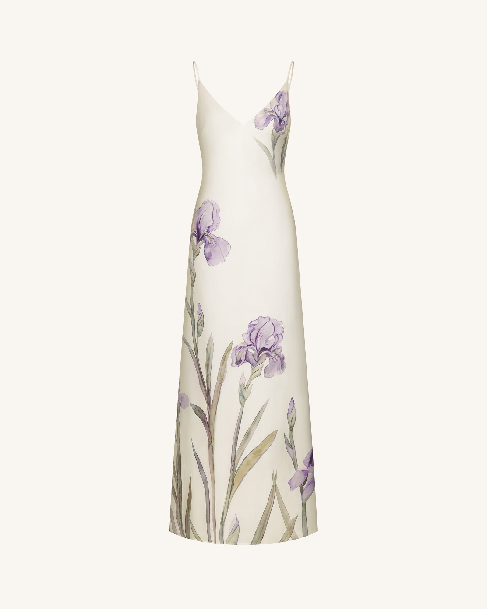 Iris Motif Satin Slip Gown - Olive Green