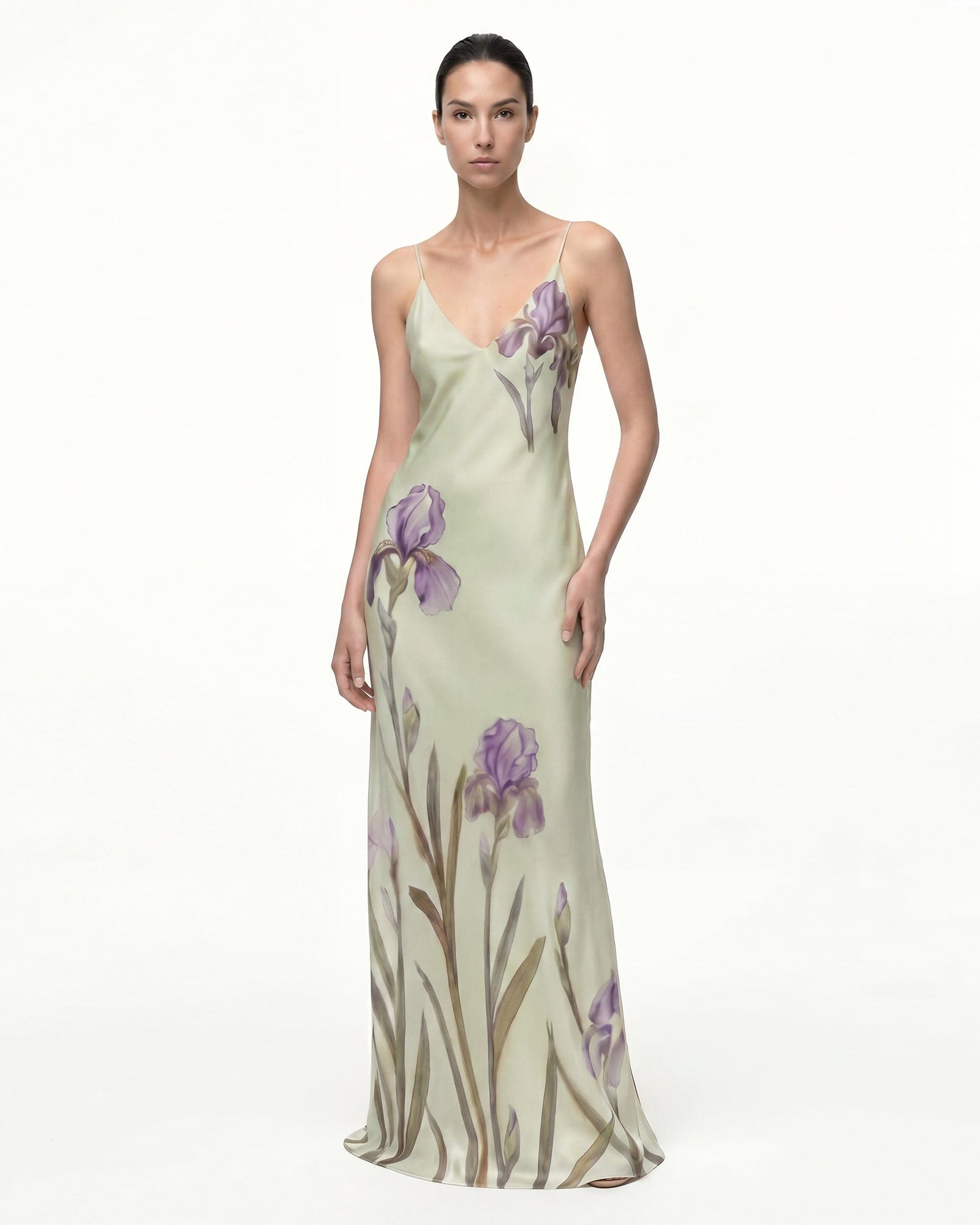 Iris Motif Satin Slip Gown - Olive Green