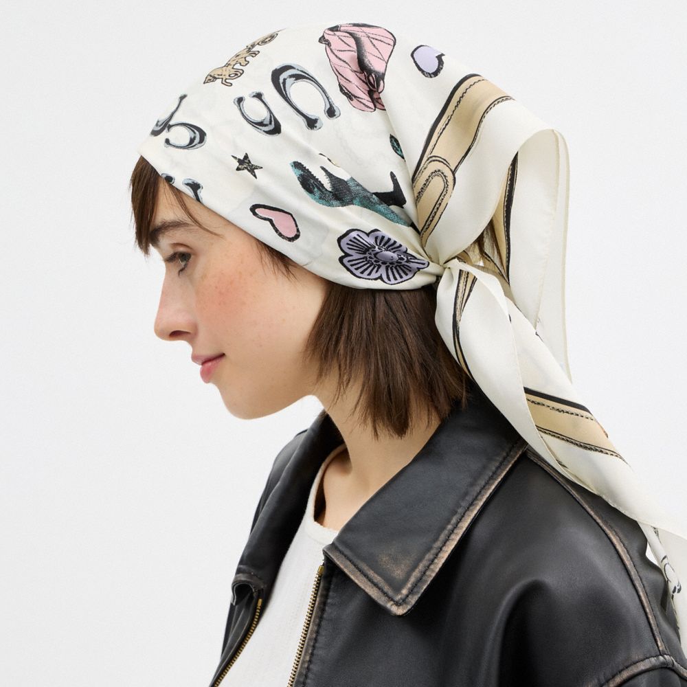 Coach Iconic Motifs Print Silk Square Scarf White