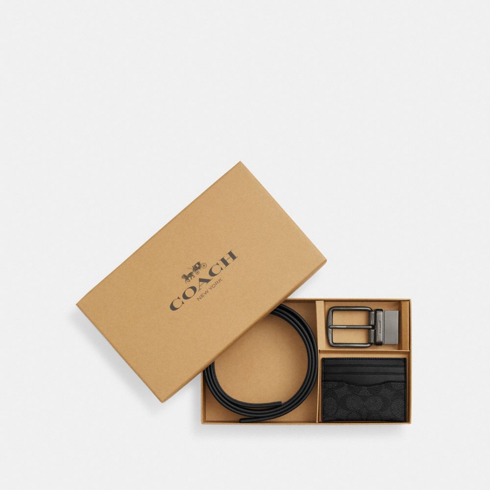 Coach Boxed Card Case And Belt Set In Signature Canvas Gunmetal Charcoal Black