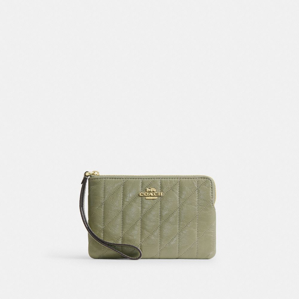 Coach Corner Zip Wristlet With Quilting Gold Pistachio