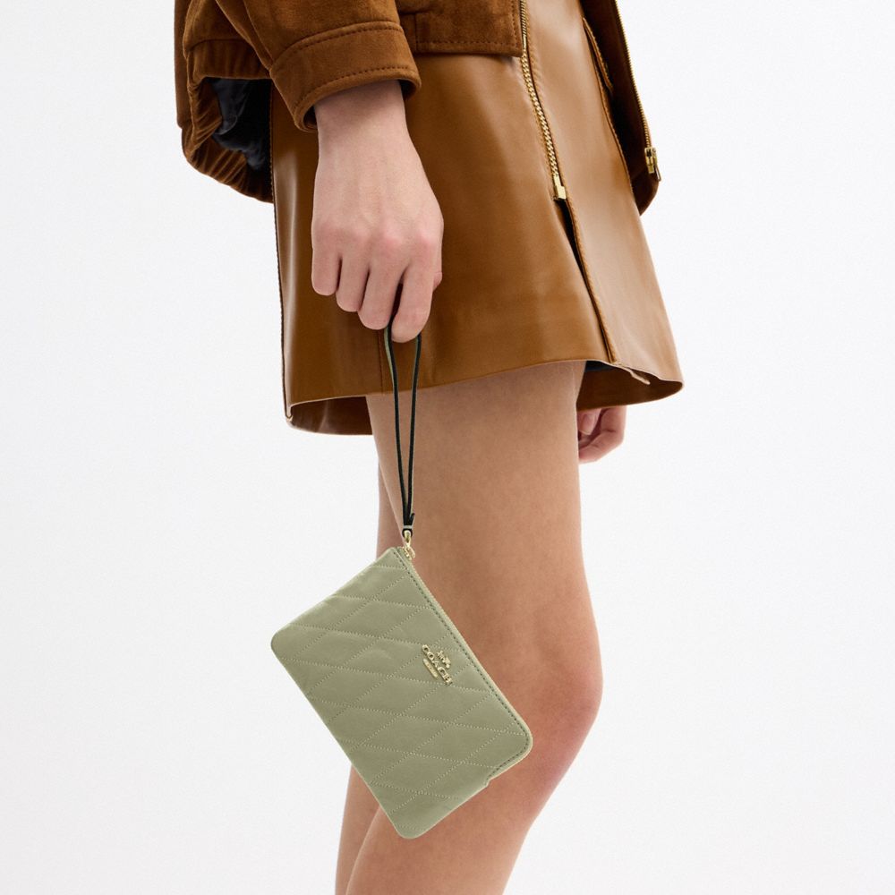 Coach Corner Zip Wristlet With Quilting Gold Pistachio