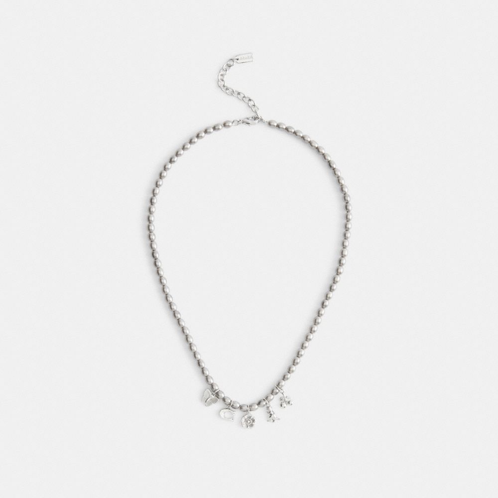 Coach Butterfly And Rexy Charm Pearl Necklace Silver Grey