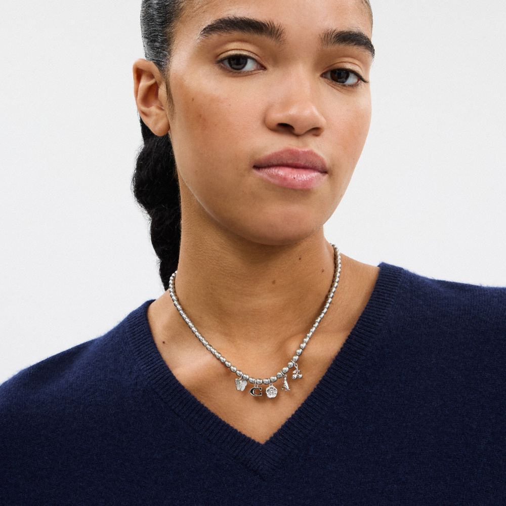 Coach Butterfly And Rexy Charm Pearl Necklace Silver Grey
