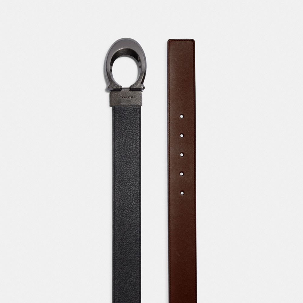 Coach Signature Buckle Cut To Size Reversible Belt, 38 Mm Gunmetal Black Dark Saddle