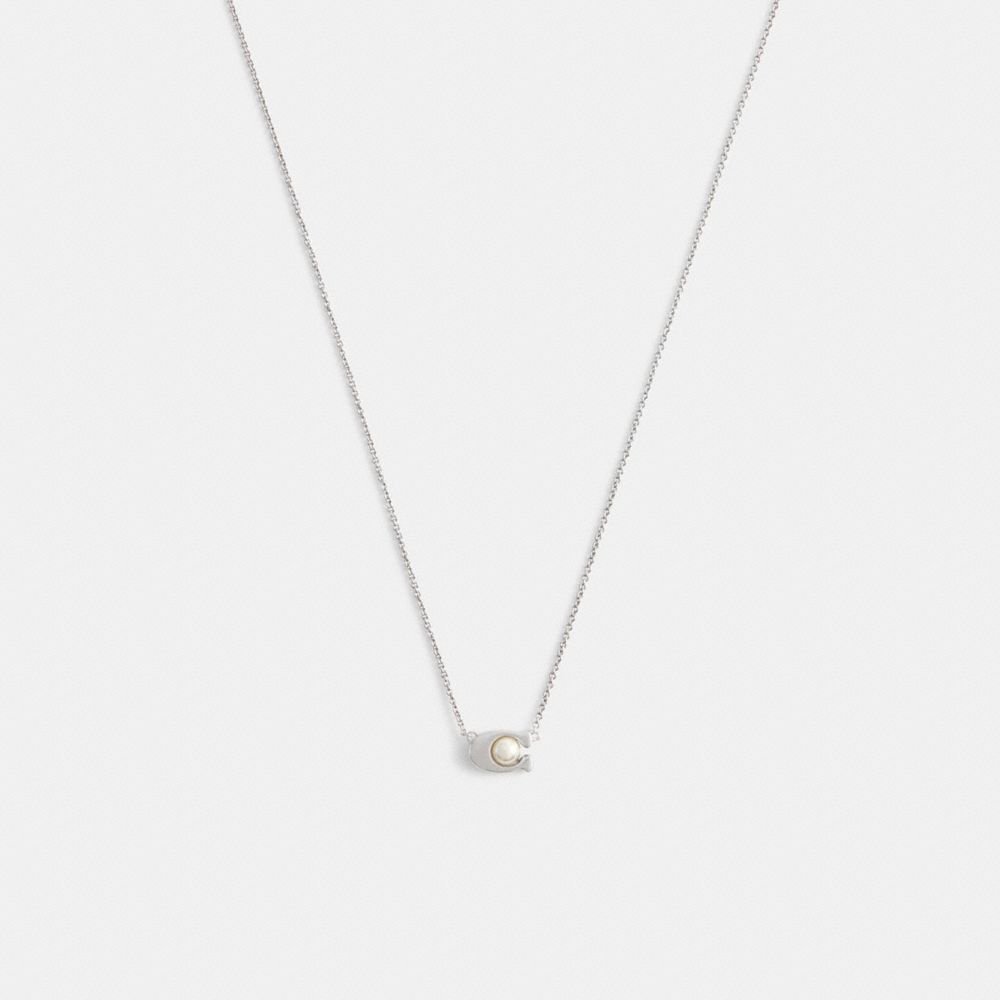 Coach Signature Pearl Pendant Necklace Silver Pearl