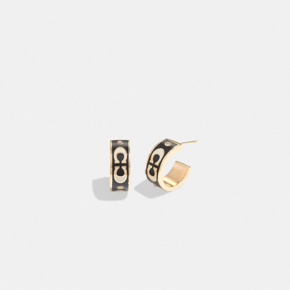 Coach Signature Enamel Huggie Earrings Gold Black