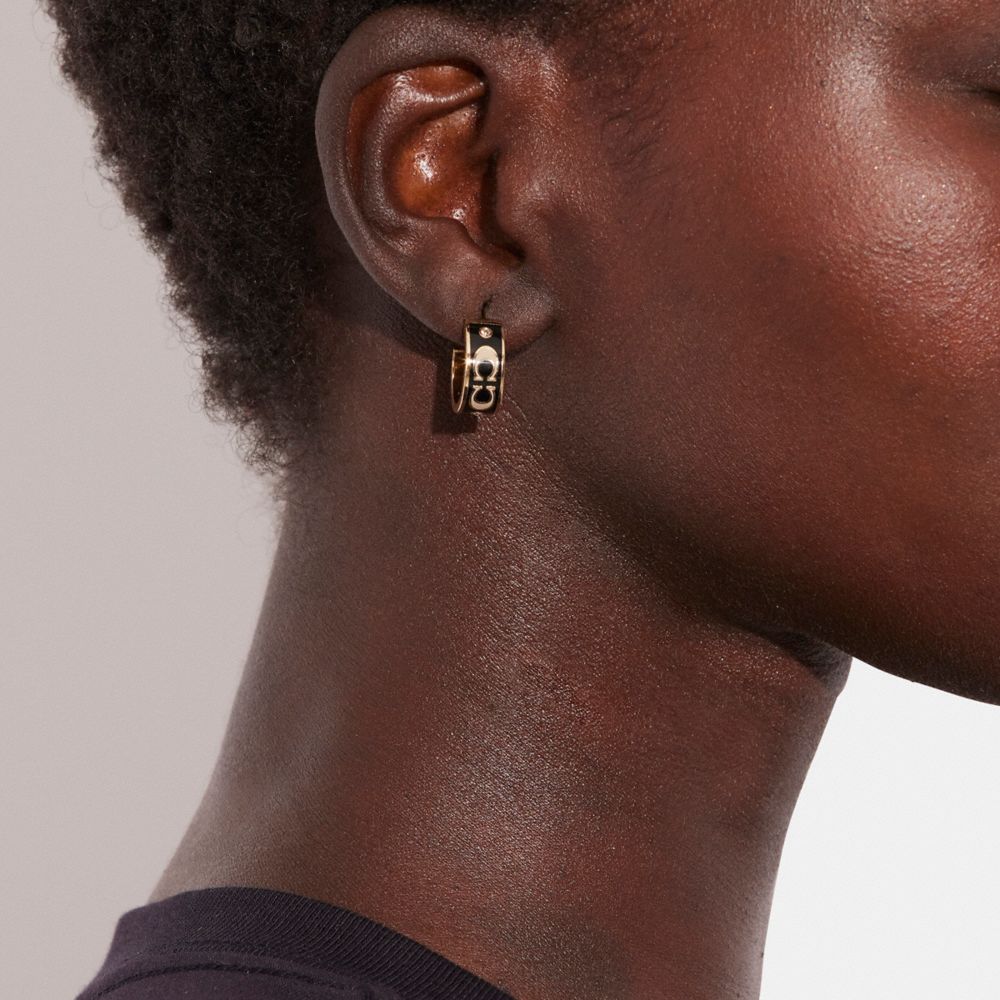 Coach Signature Enamel Huggie Earrings Gold Black