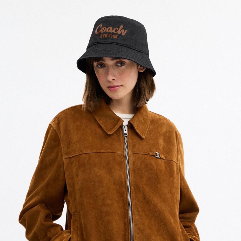 Coach Coach Script Embroidered Denim Bucket Hat Black