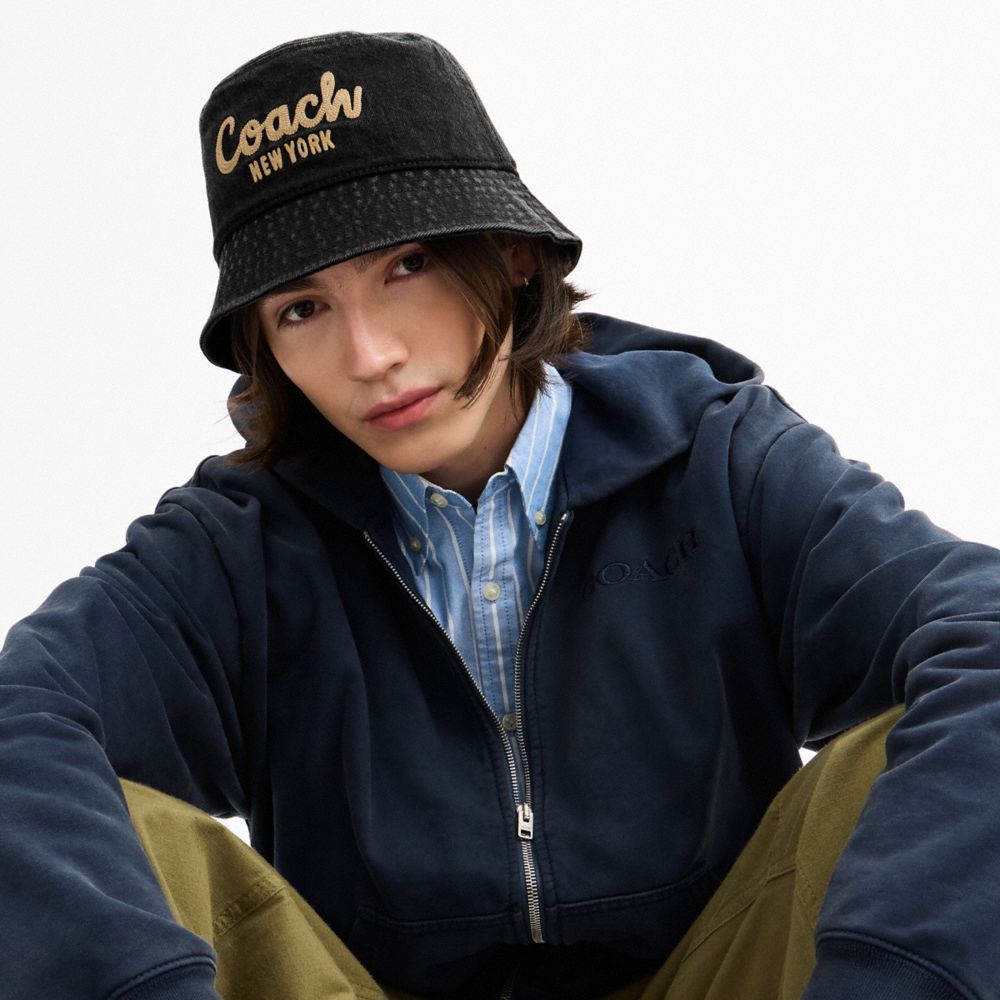 Coach Coach Script Embroidered Denim Bucket Hat Black
