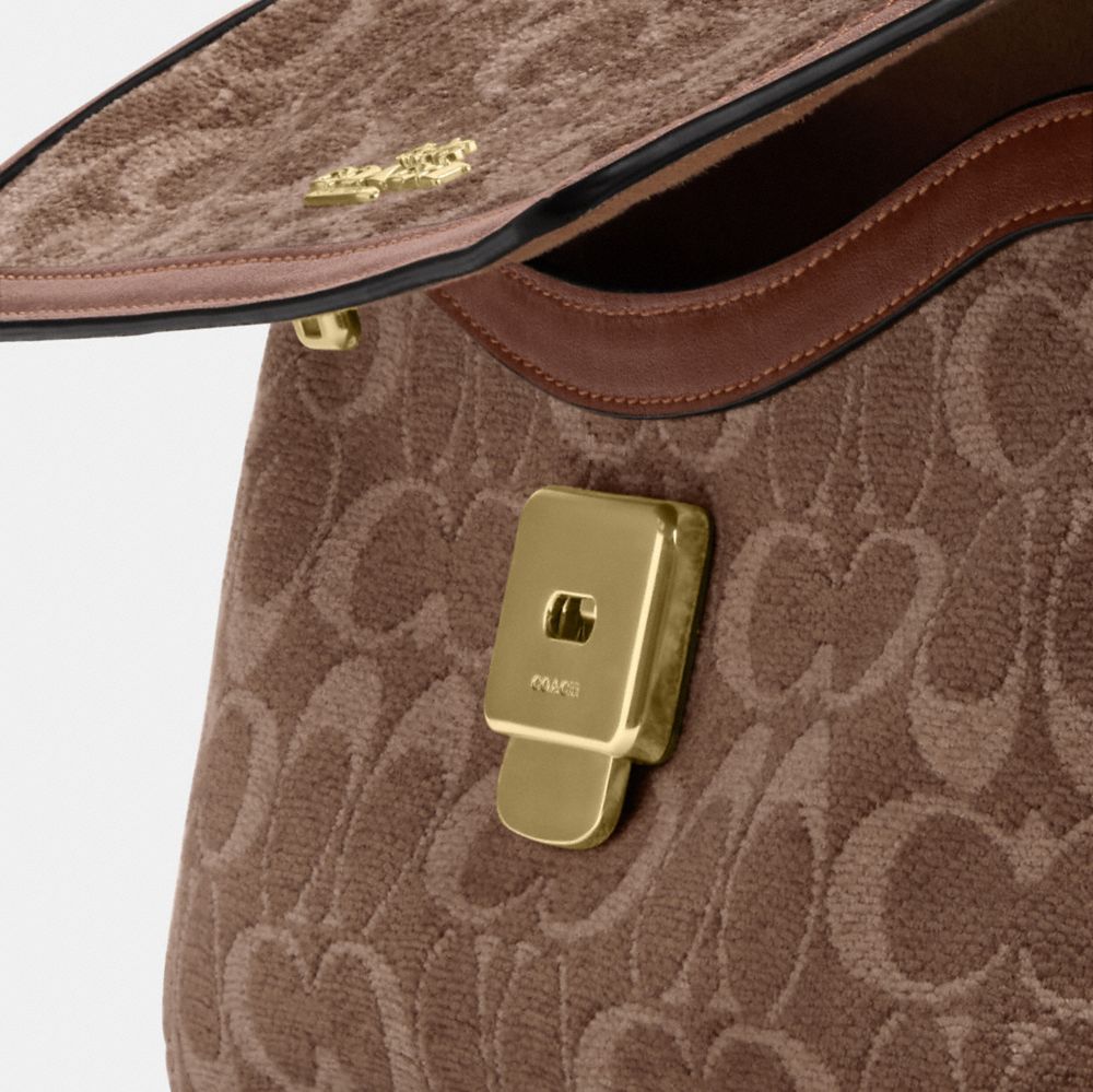 Coach Etta Small Flap Shoulder Bag In Signature Chenille Gold Light Khaki Vintage Brown