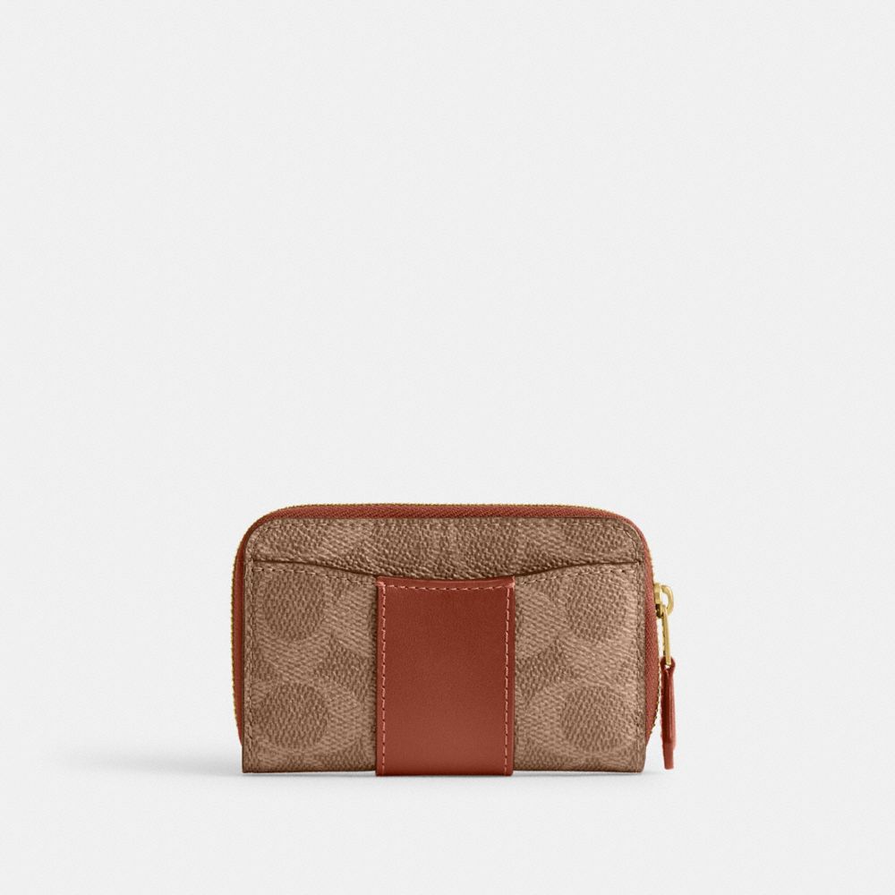 Coach Essential Small Zip Around Card Case In Signature Canvas Brass Tan Caramel