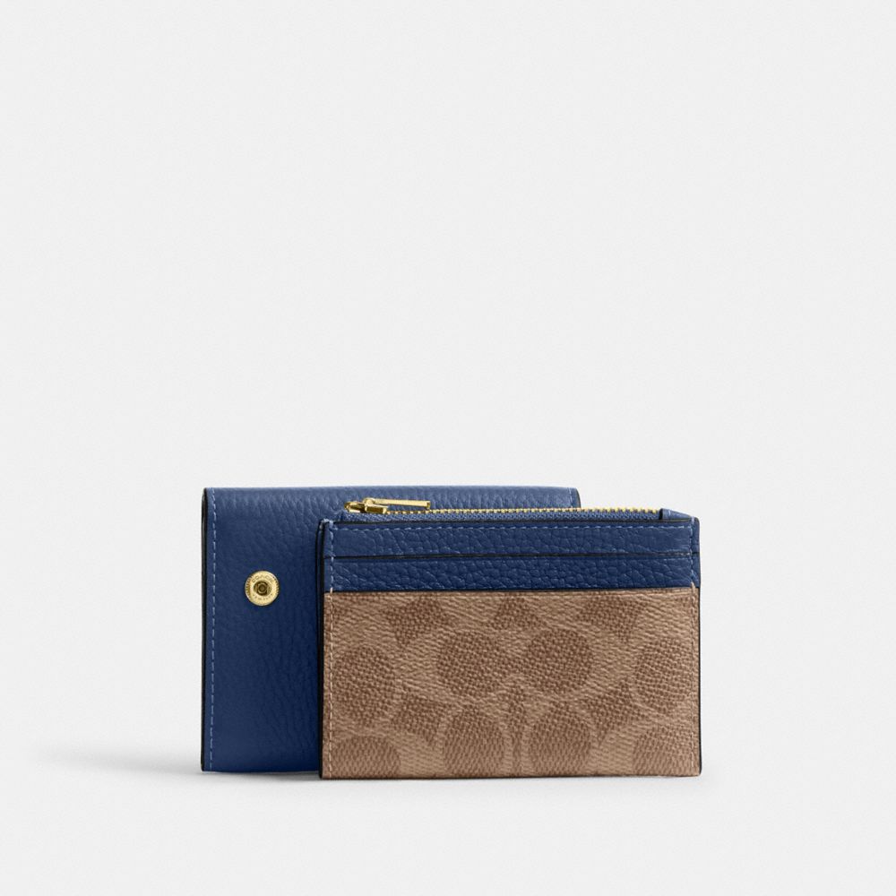 Coach Card Holder Wallet In Signature Canvas Gold Tan Deep Blue