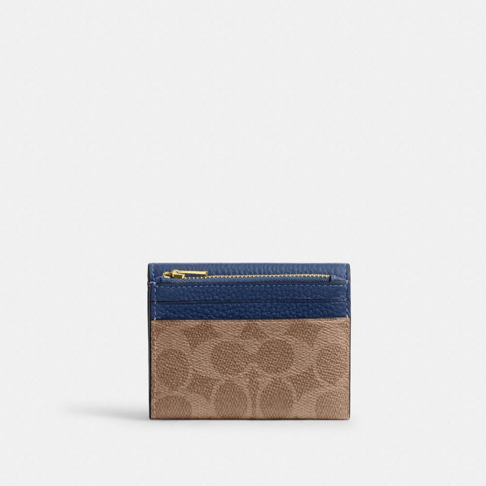 Coach Card Holder Wallet In Signature Canvas Gold Tan Deep Blue
