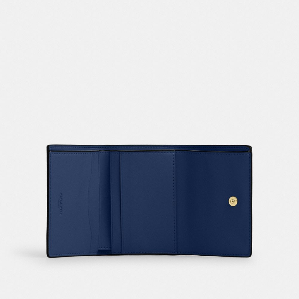 Coach Card Holder Wallet In Signature Canvas Gold Tan Deep Blue