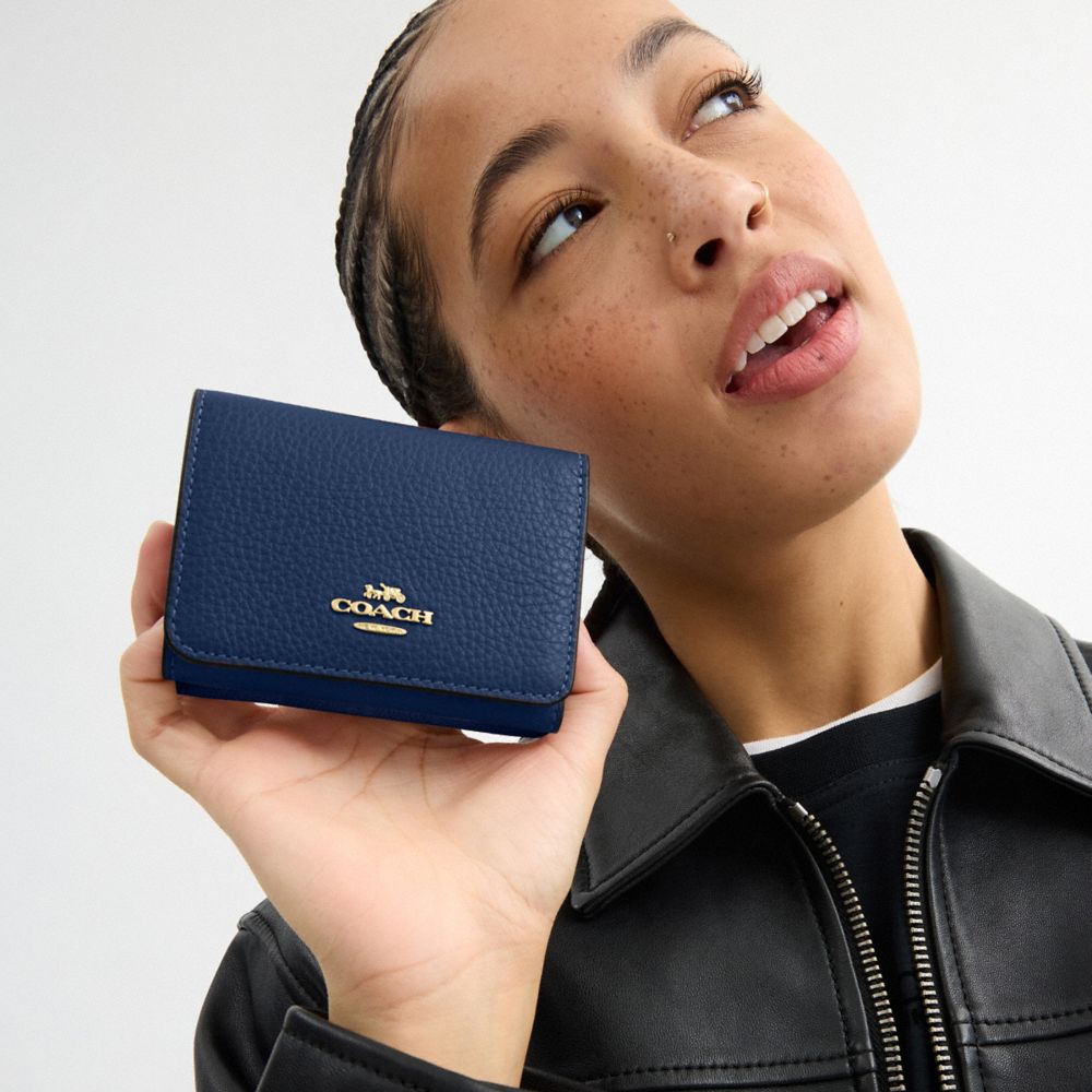 Coach Card Holder Wallet In Signature Canvas Gold Tan Deep Blue