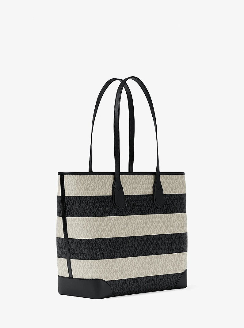 Michael Kors Eva Large Striped Signature Logo Tote Bag Black