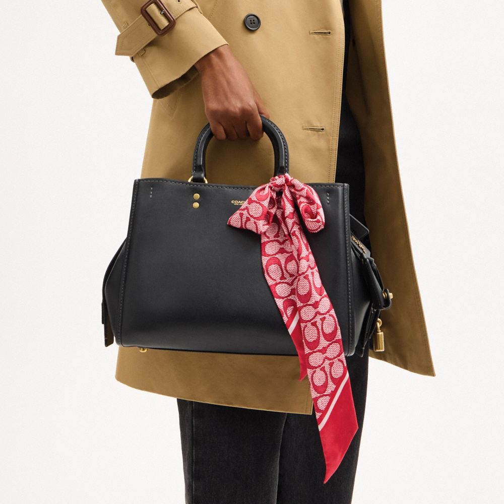 Coach Textured Signature Print Silk Skinny Scarf True Red