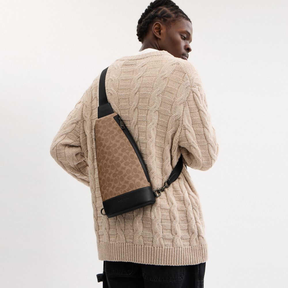 Coach Dominic Sling Pack In Signature Canvas Gunmetal Tan Black