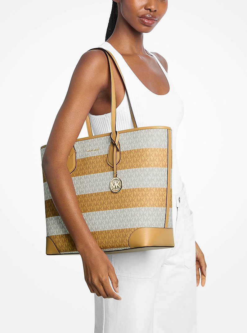 Michael Kors Eva Large Striped Signature Logo Tote Bag Honeywheat