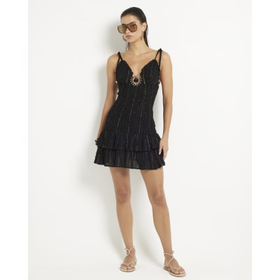 Black Sleeveless Shirred Mini Beach Dress